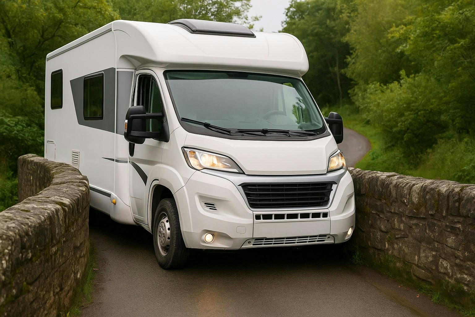 Camper die zich klem rijdt