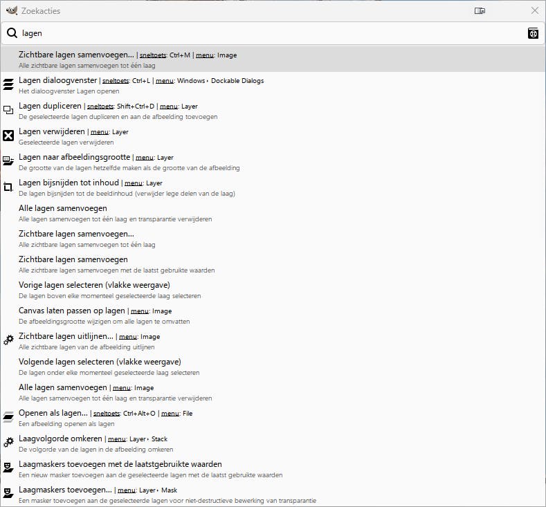 In het zoekoverzicht kun je zoeken naar specifieke opties die je niet snel kunt vinden.