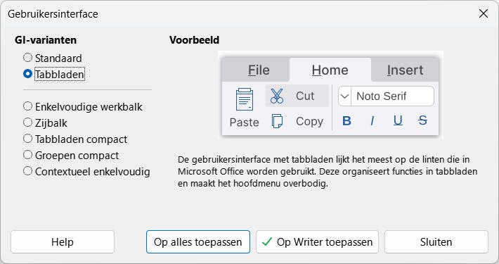 De werkomgeving met tabbladen lijkt het meest op wat we van Microsoft Office gewend zijn.