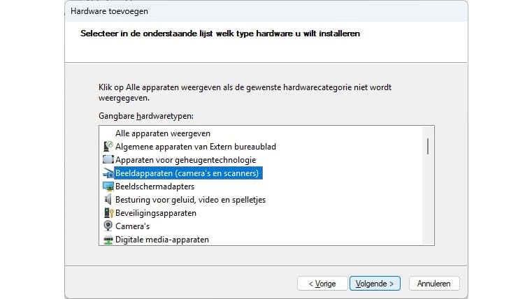 De wizard Hardware toevoegen laat je eerst uit een productcategorie kiezen.